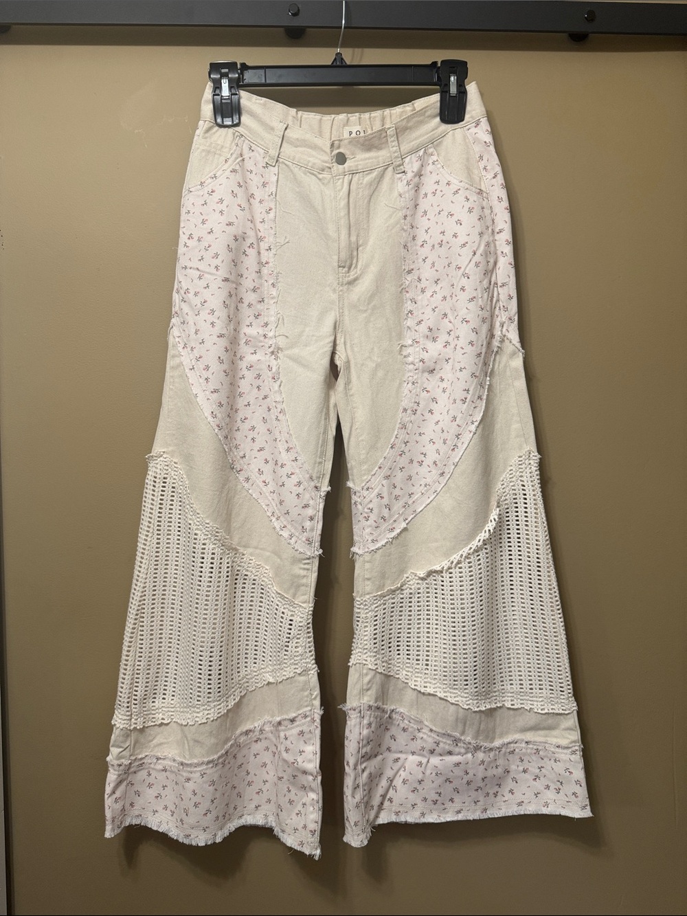 POL Cream Patchwork Wide-Leg Boho Pants with Pink Floral Panels